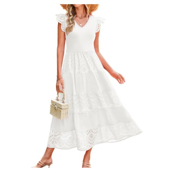 GRACE KARIN White Eyelet Dress Womens M Medium Flutter Short Sleeve Long Modest - Picture 1 of 13